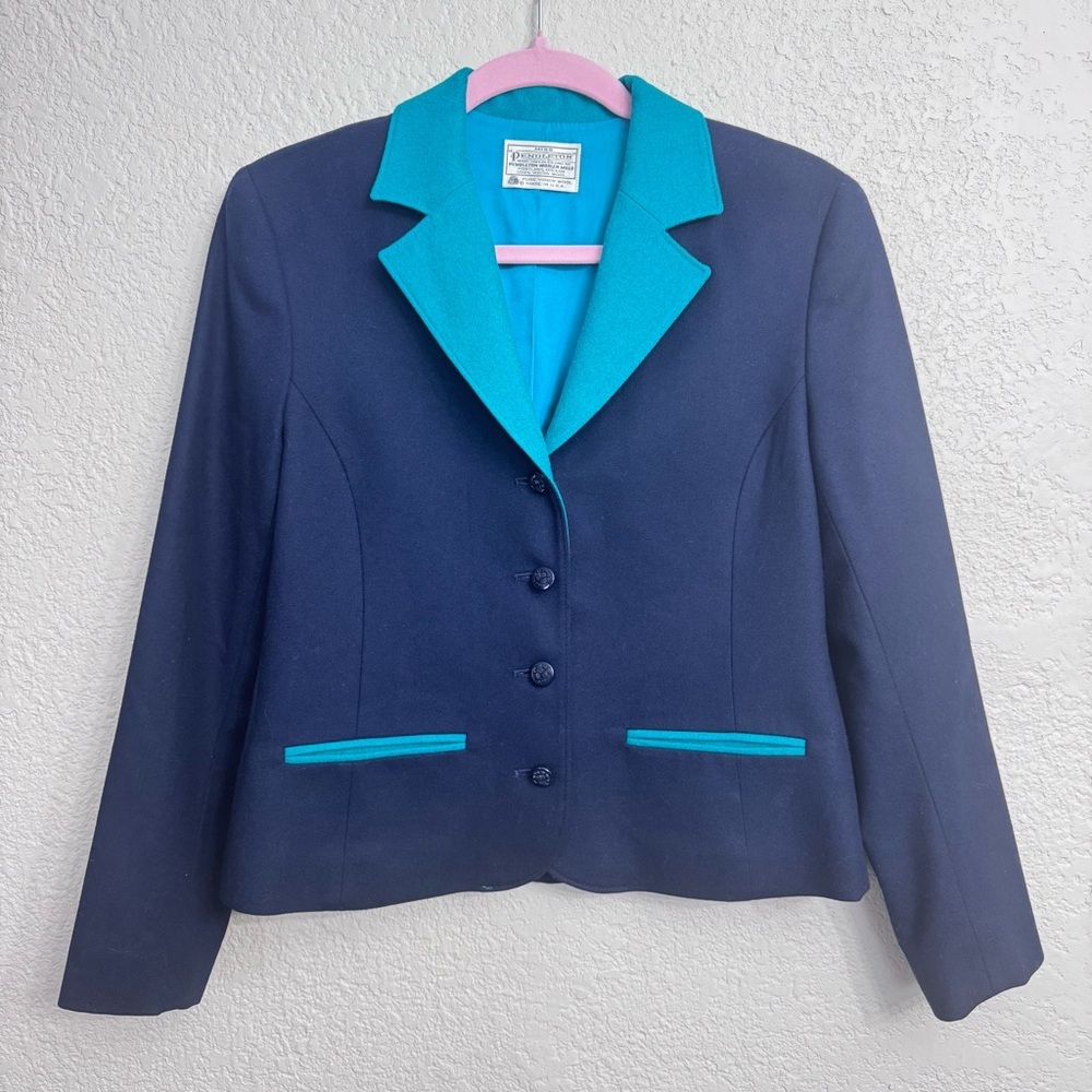 Pendleton Wool Blazer Size 4 | Vintage Navy Teal Cropped Jacket USA Made